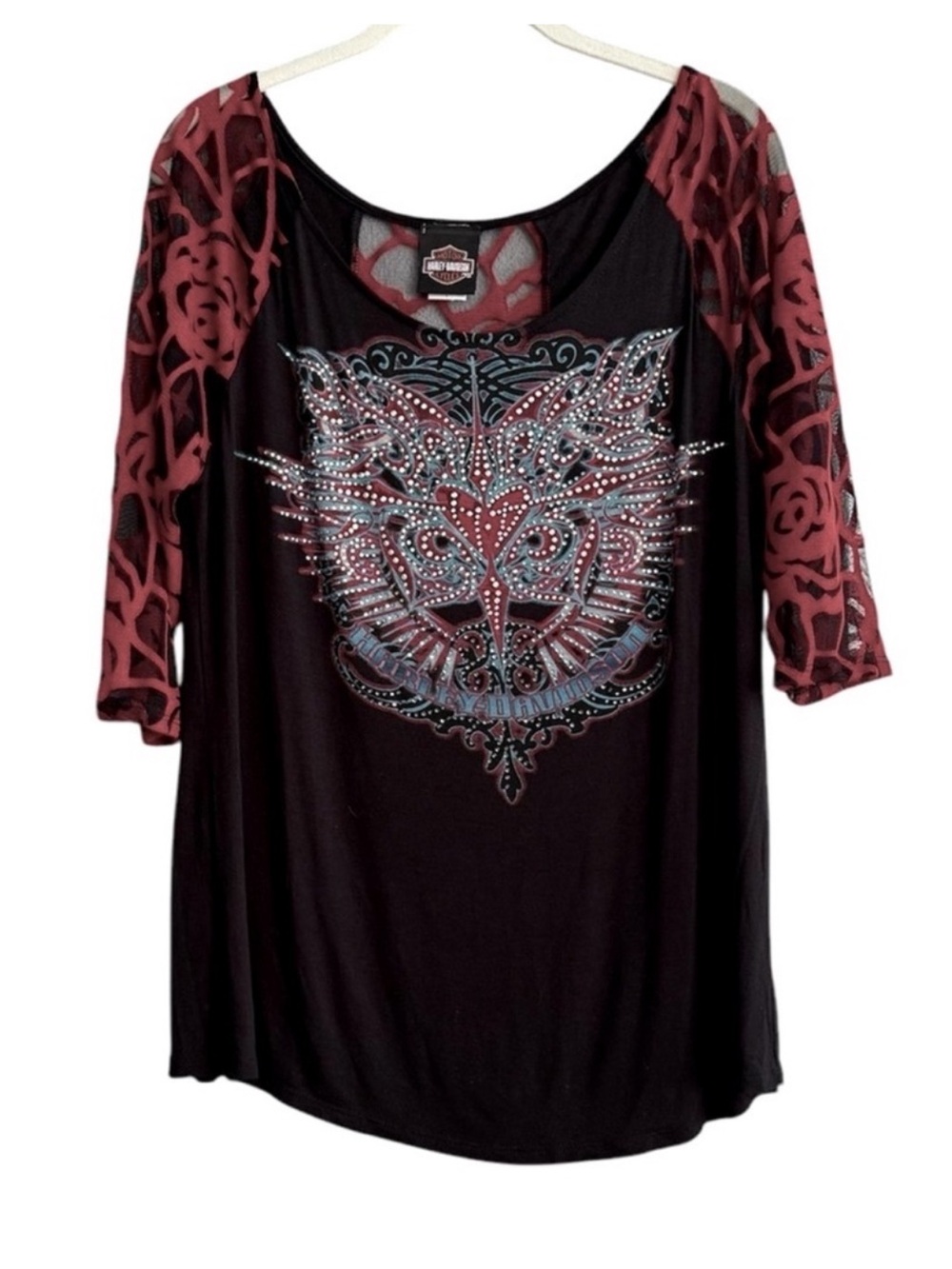 Harley-Davidson Beaded Top Lace Sleeves Stretch Jersey Black Red Size L